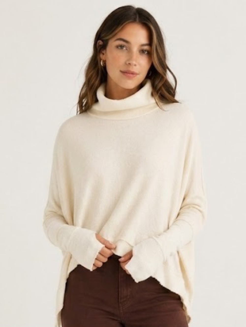 Free People Oversized Ribbed Cropped Sweater Cream XS Thumb Holes Boho